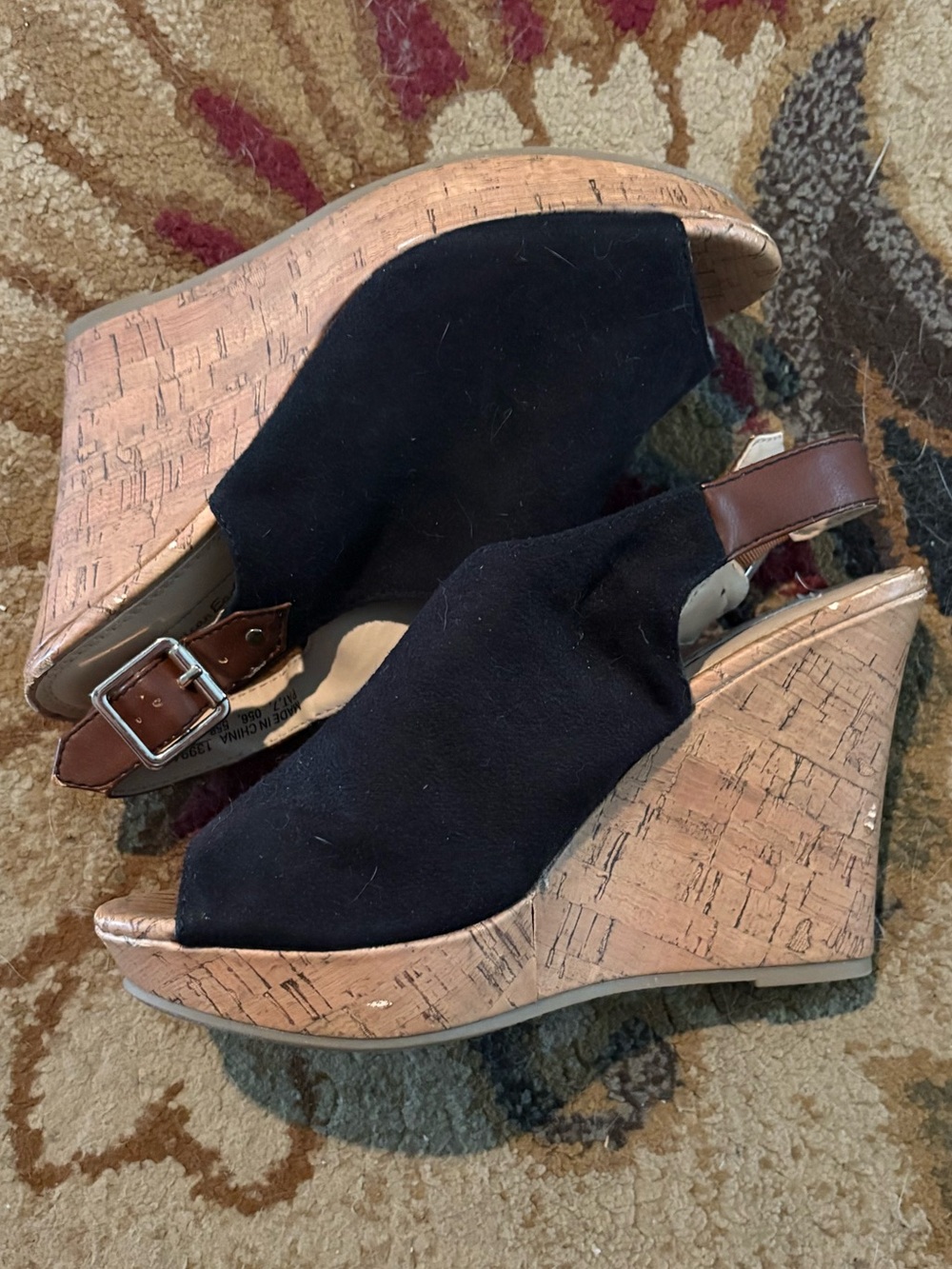 American Eagle By Payless Black Suede Cork Wedge Sandals